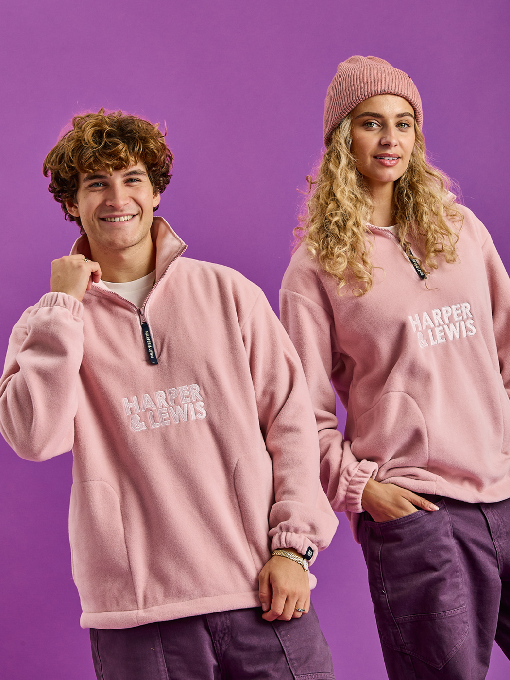 Both Models wearing the Elsa Fleece in the new updated Dusty Pink Colour.