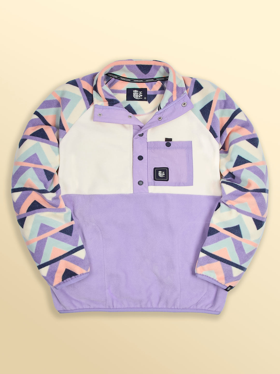 Flatlay image of the Sutton Popper Neck Fleece Jacket, with the poppers undone to how the pattern following inside the neck of the fleece.