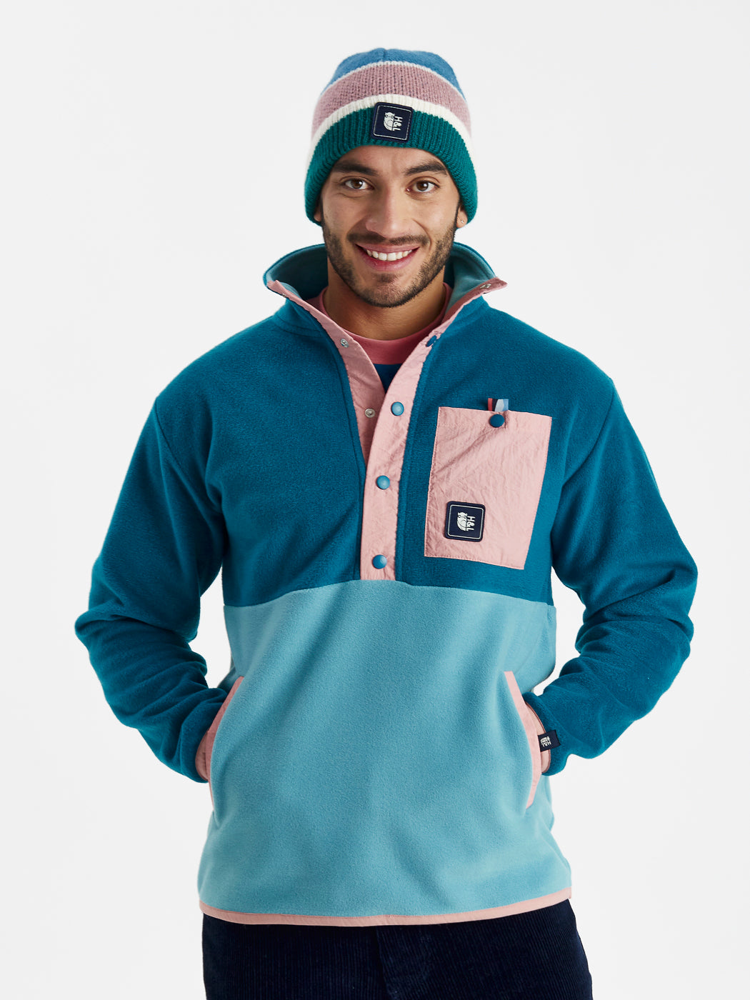 Aries Fleece mit Druckknopf am Hals, BlaugrŸn und Stahlblau