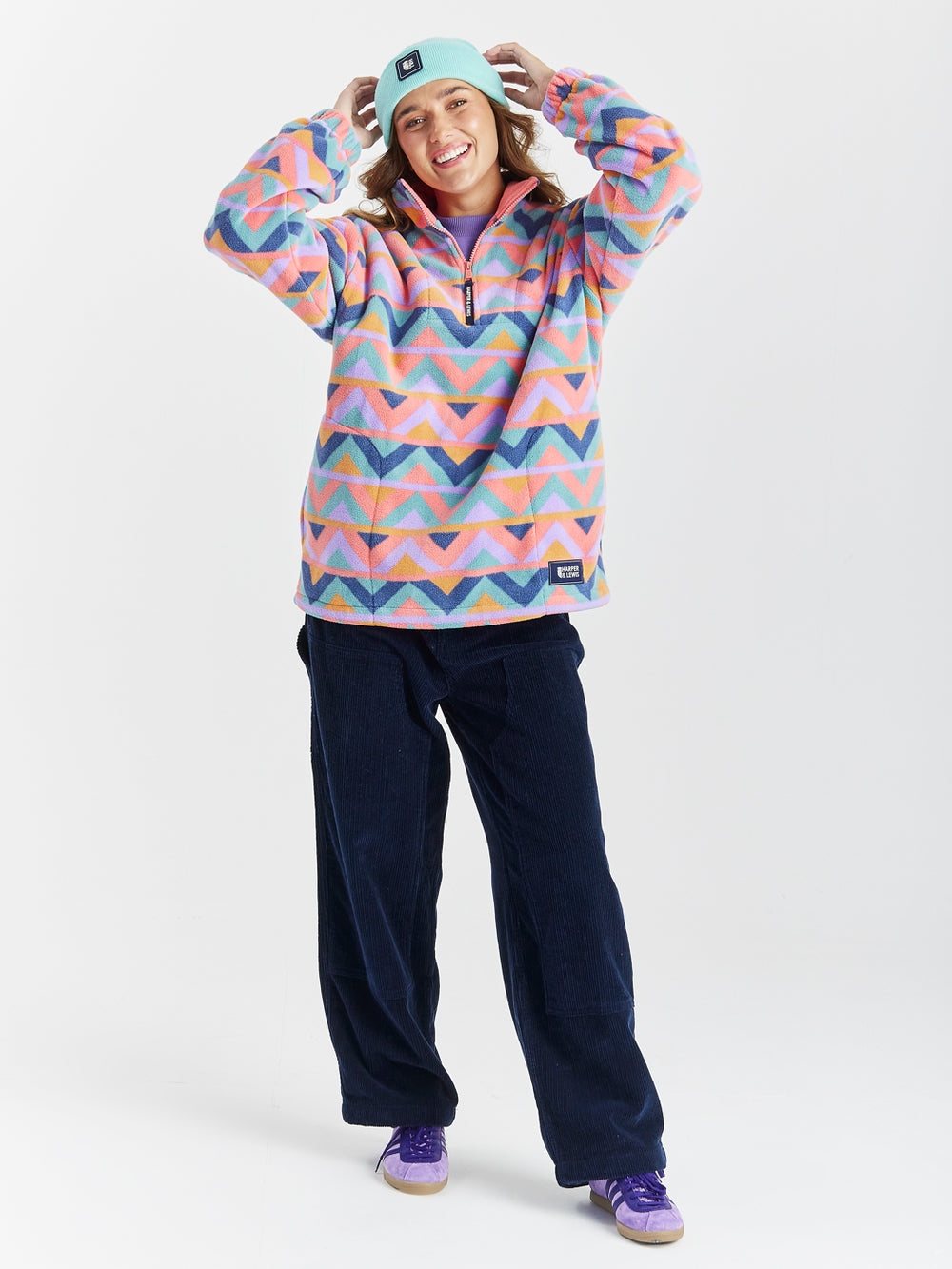 Raver Retro Pattern 1/4 Zip Fleece Coral & Airforce