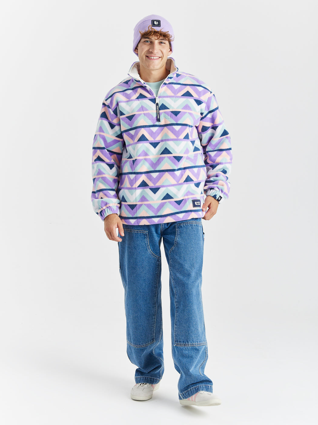 Raver Retro Pattern 1/4 Zip Fleece Cream & Navy