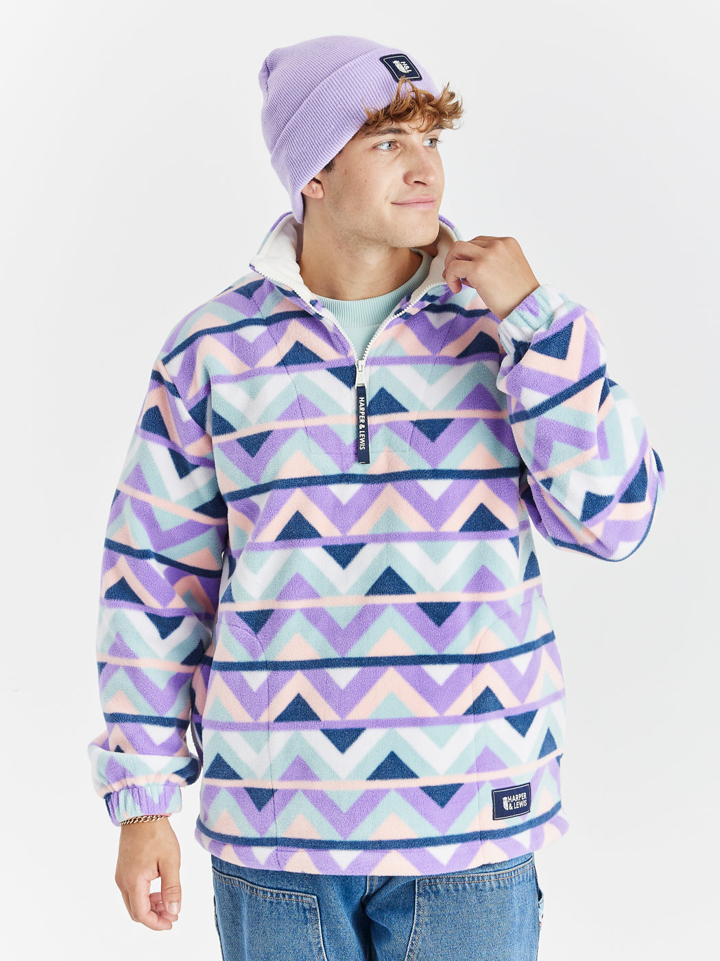 Raver Retro Pattern 1/4 Zip Fleece Cream & Navy