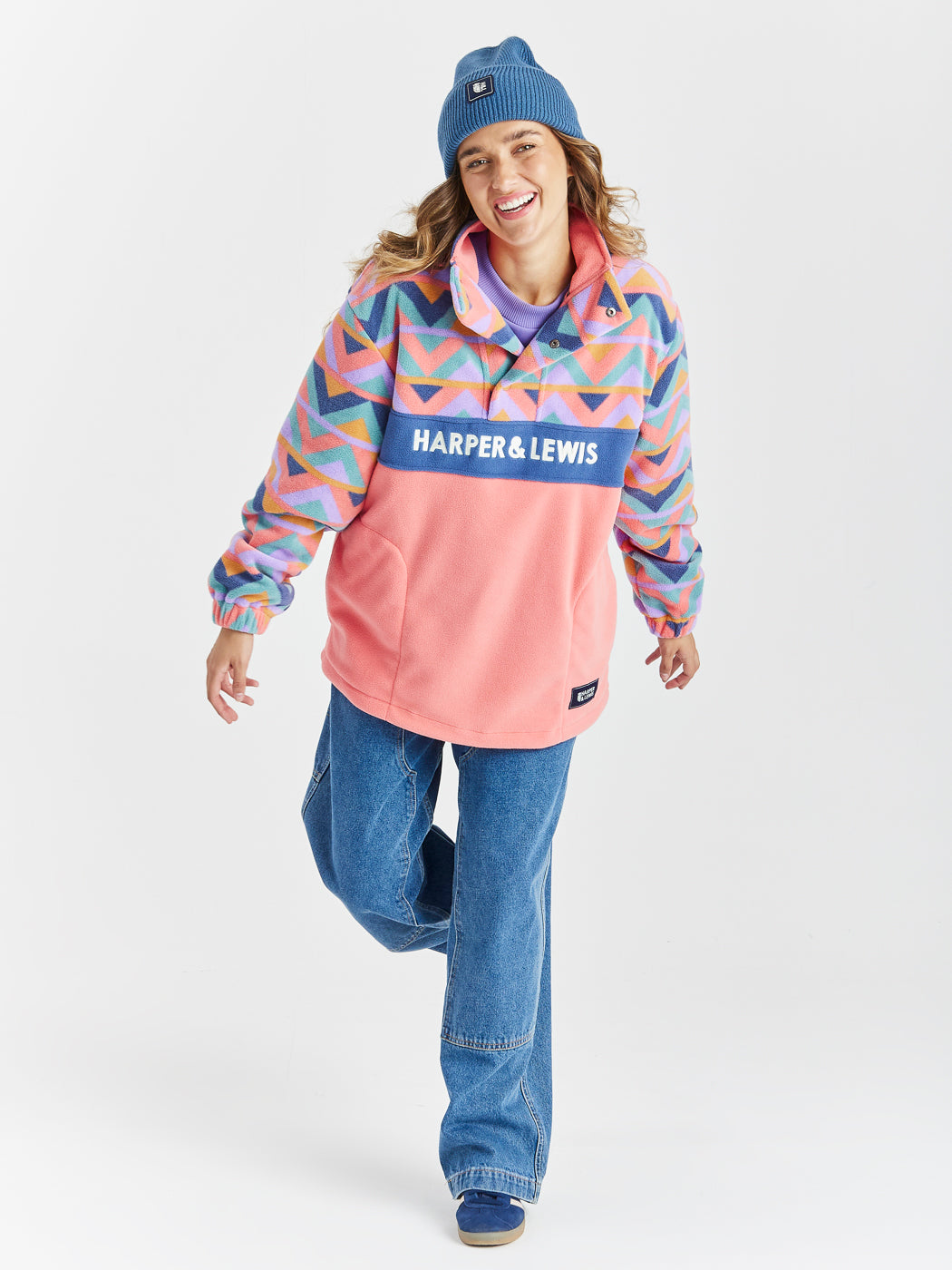 Polar Retro Pattern Popper Neck Fleece Aztec & Coral