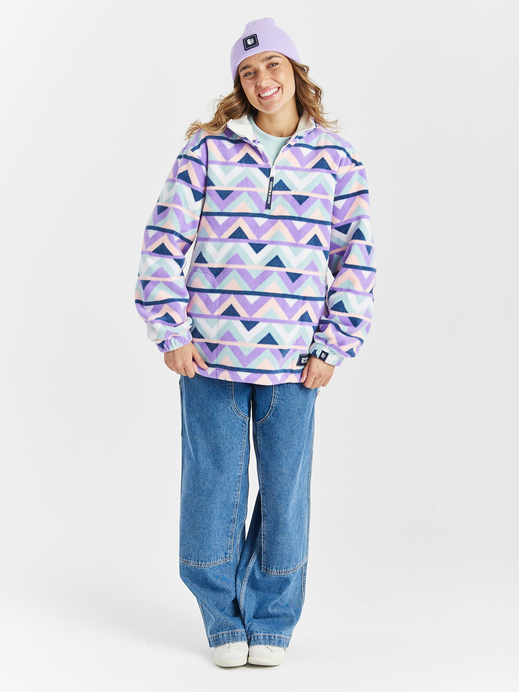 Raver Retro Patroon 1/4 Rits Fleece Crème &amp; Marineblauw