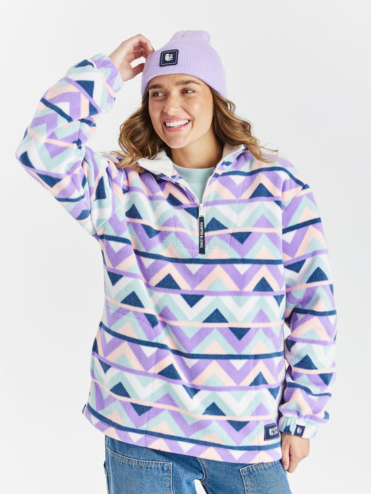 Raver Retro Patroon 1/4 Rits Fleece Crème &amp; Marineblauw