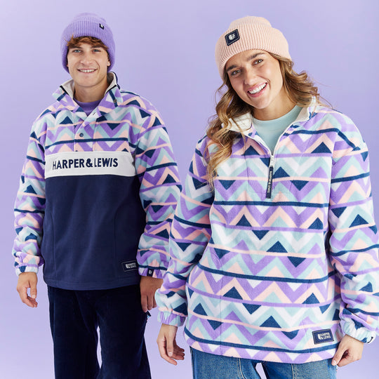 Raver Retro Patroon 1/4 Rits Fleece Crème &amp; Marineblauw