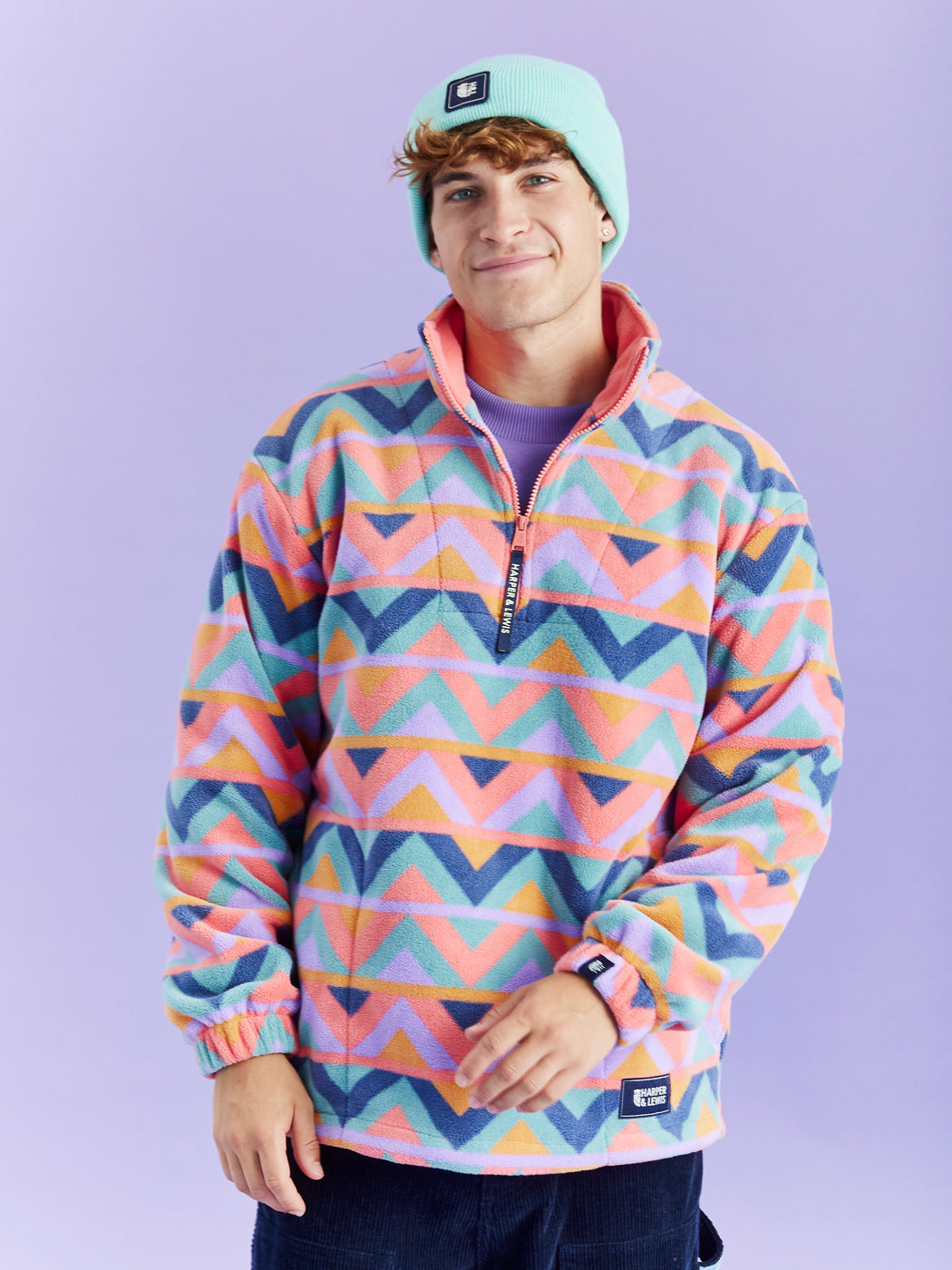 Raver Retro Pattern 1/4 Zip Fleece Coral & Airforce