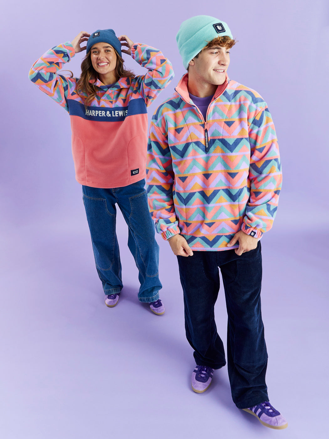 Raver Retro Pattern 1/4 Zip Fleece Coral & Airforce