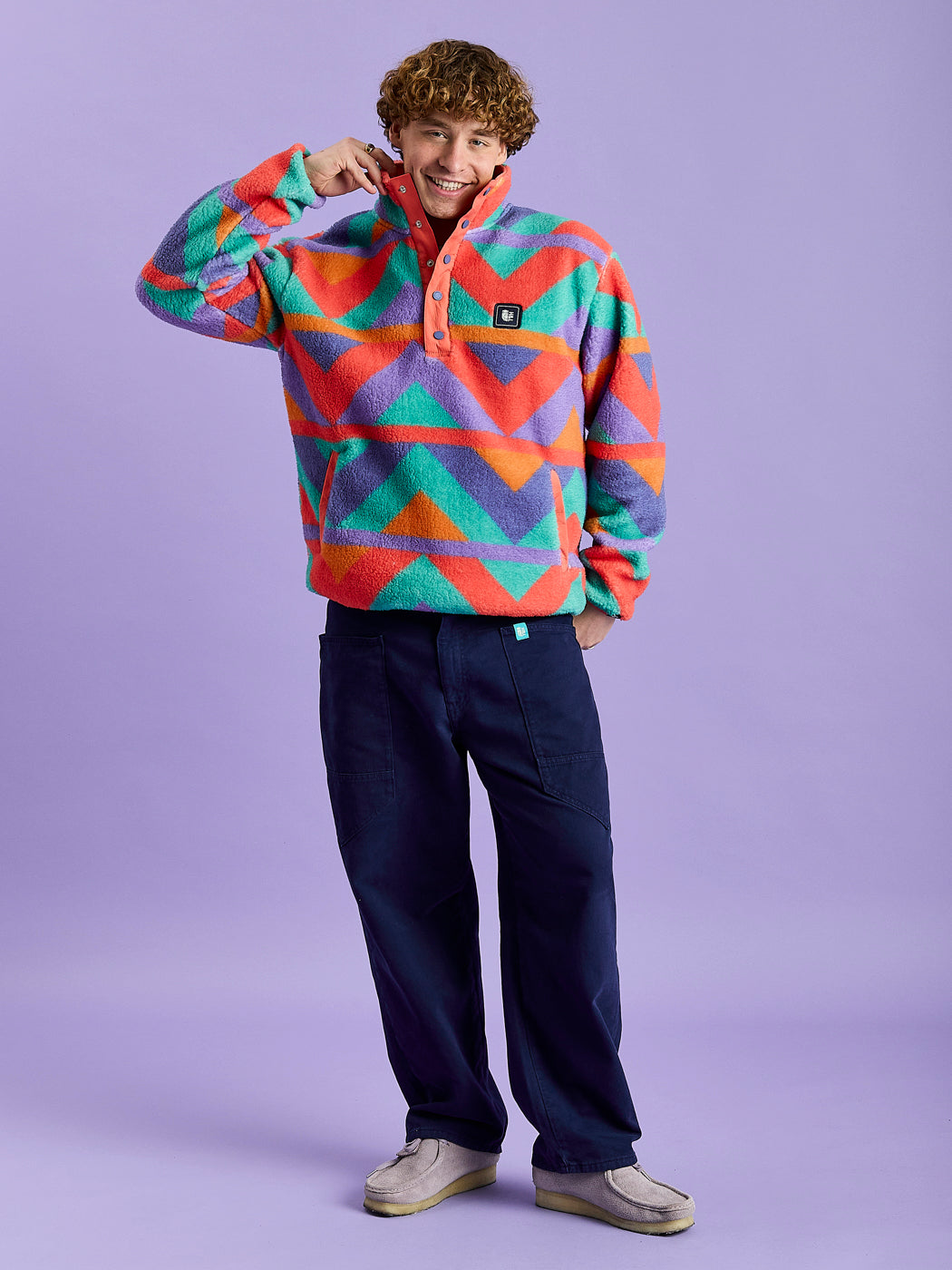 Charlie Retro Pattern Popper Neck Sherpa Fleece