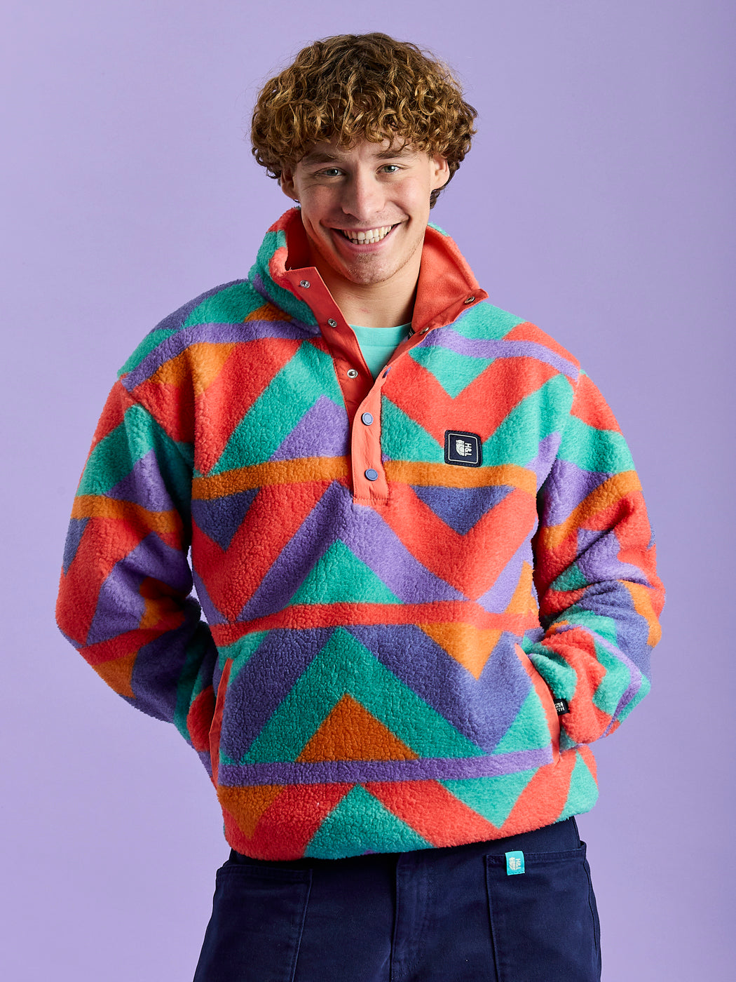 Charlie Retro Pattern Popper Neck Sherpa Fleece