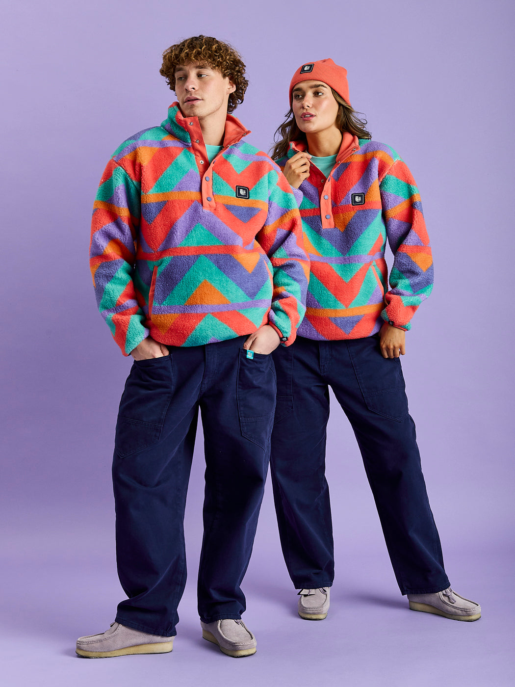 Charlie Retro Pattern Popper Neck Sherpa Fleece