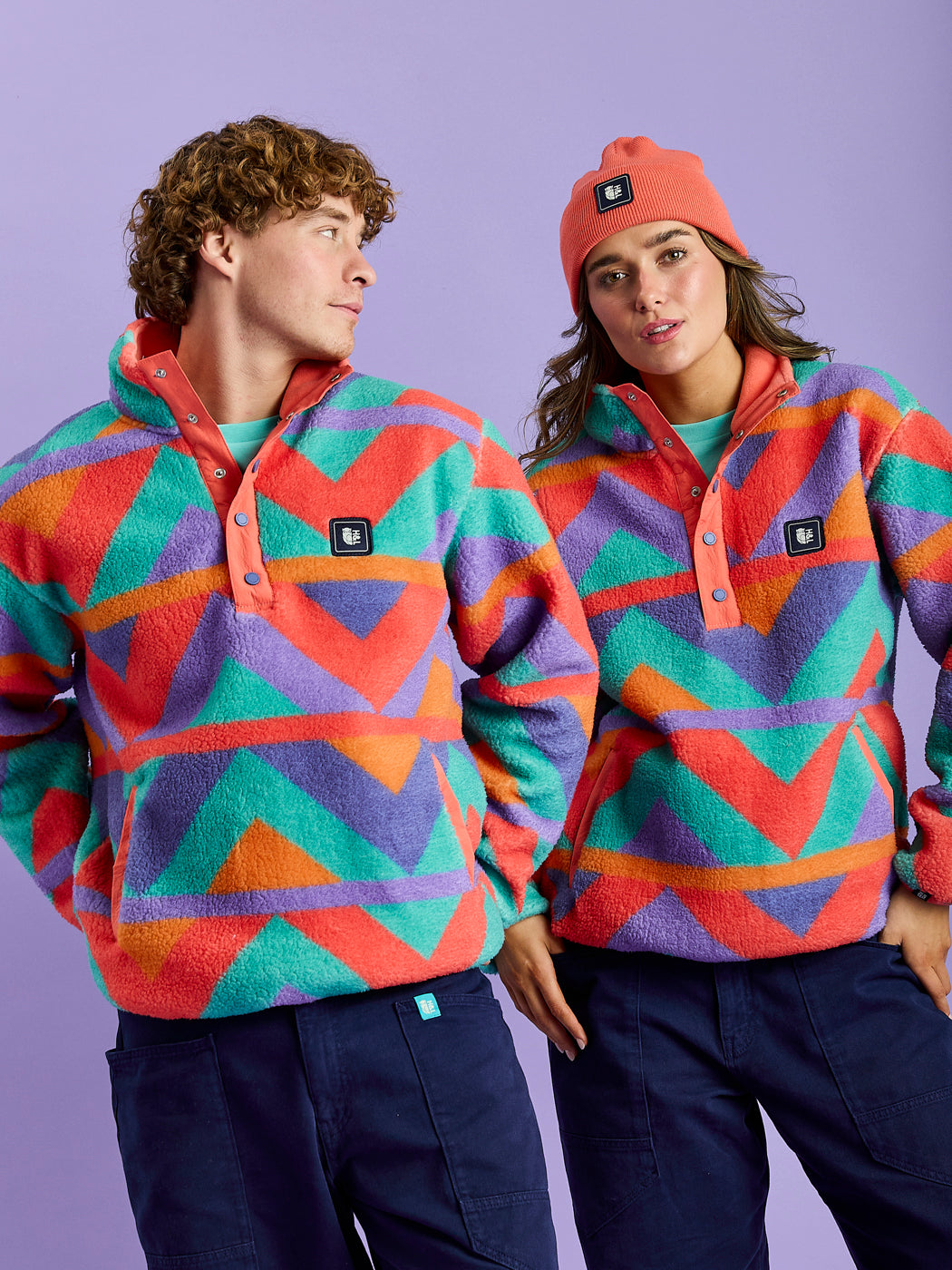 Charlie Retro Pattern Popper Neck Sherpa Fleece