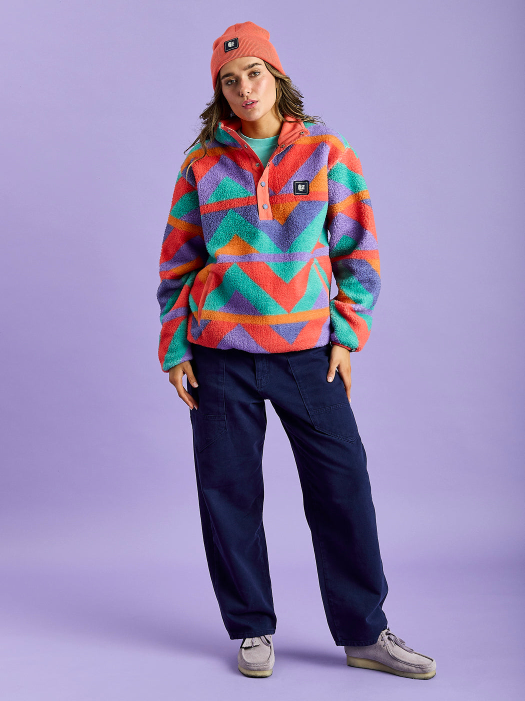 Charlie Retro Pattern Popper Neck Sherpa Fleece