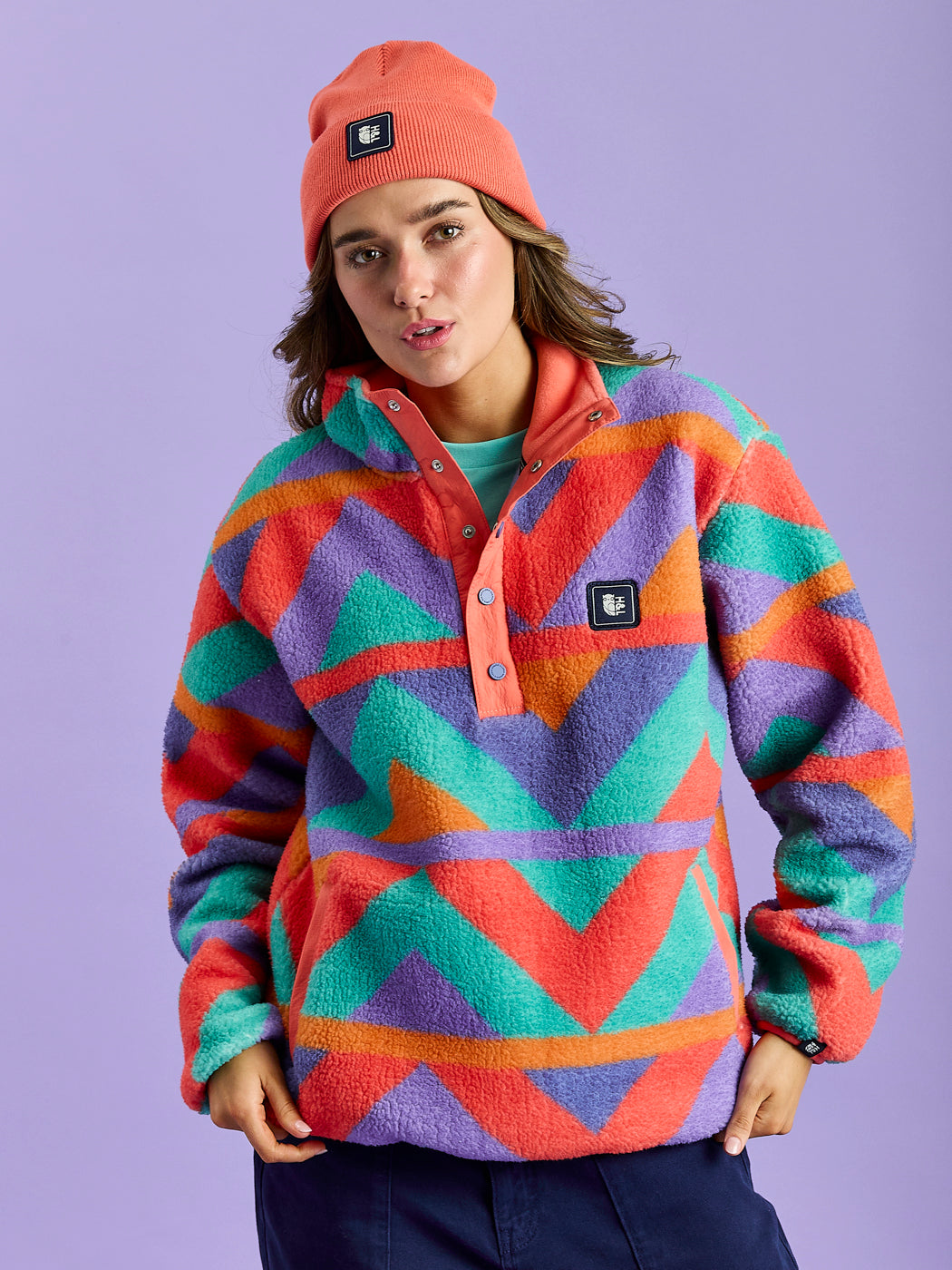 Charlie Retro Pattern Popper Neck Sherpa Fleece