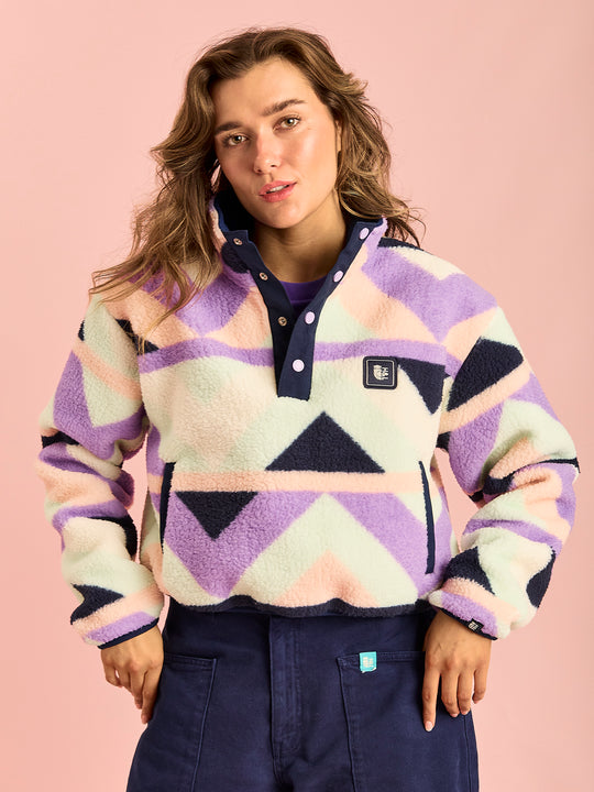 Indigo Retro Pattern Cropped Popper Neck Sherpa Fleece