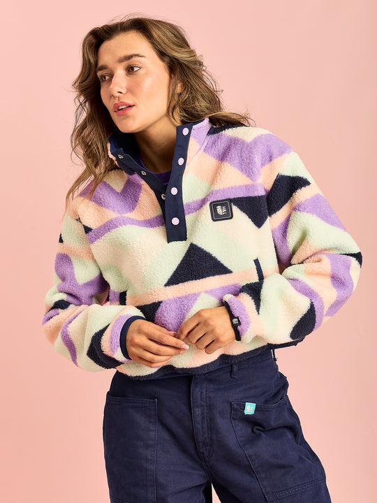 Indigo Retro Pattern Cropped Popper Neck Sherpa Fleece