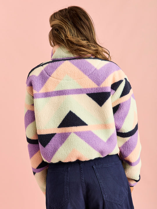 Indigo Retro Pattern Cropped Popper Neck Sherpa Fleece