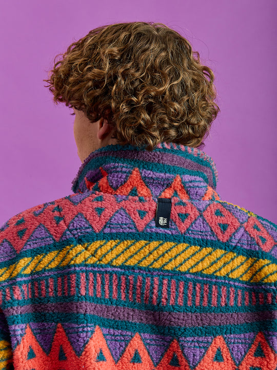 Charlie Retro Pattern Popper Neck Sherpa Fleece