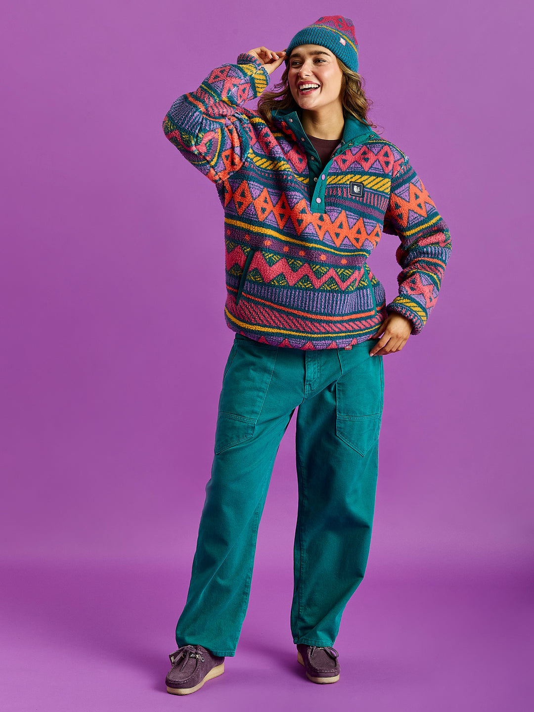 Charlie Retro Pattern Popper Neck Sherpa Fleece