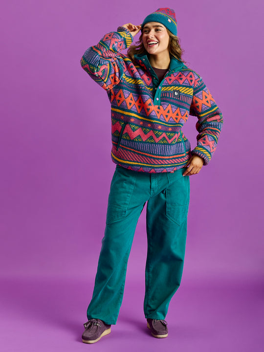 Charlie Retro Pattern Popper Neck Sherpa Fleece