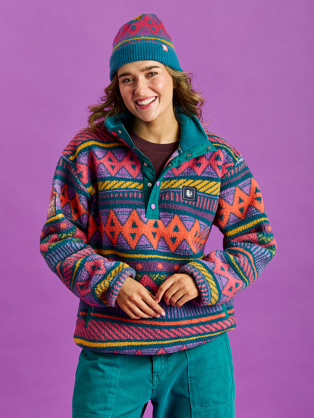 Charlie Retro Pattern Popper Neck Sherpa Fleece
