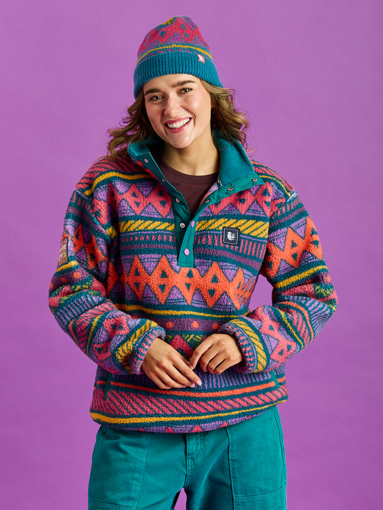 Charlie Retro Pattern Popper Neck Sherpa Fleece