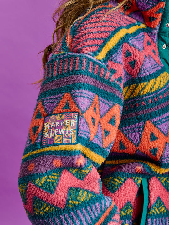 Charlie Retro Pattern Popper Neck Sherpa Fleece