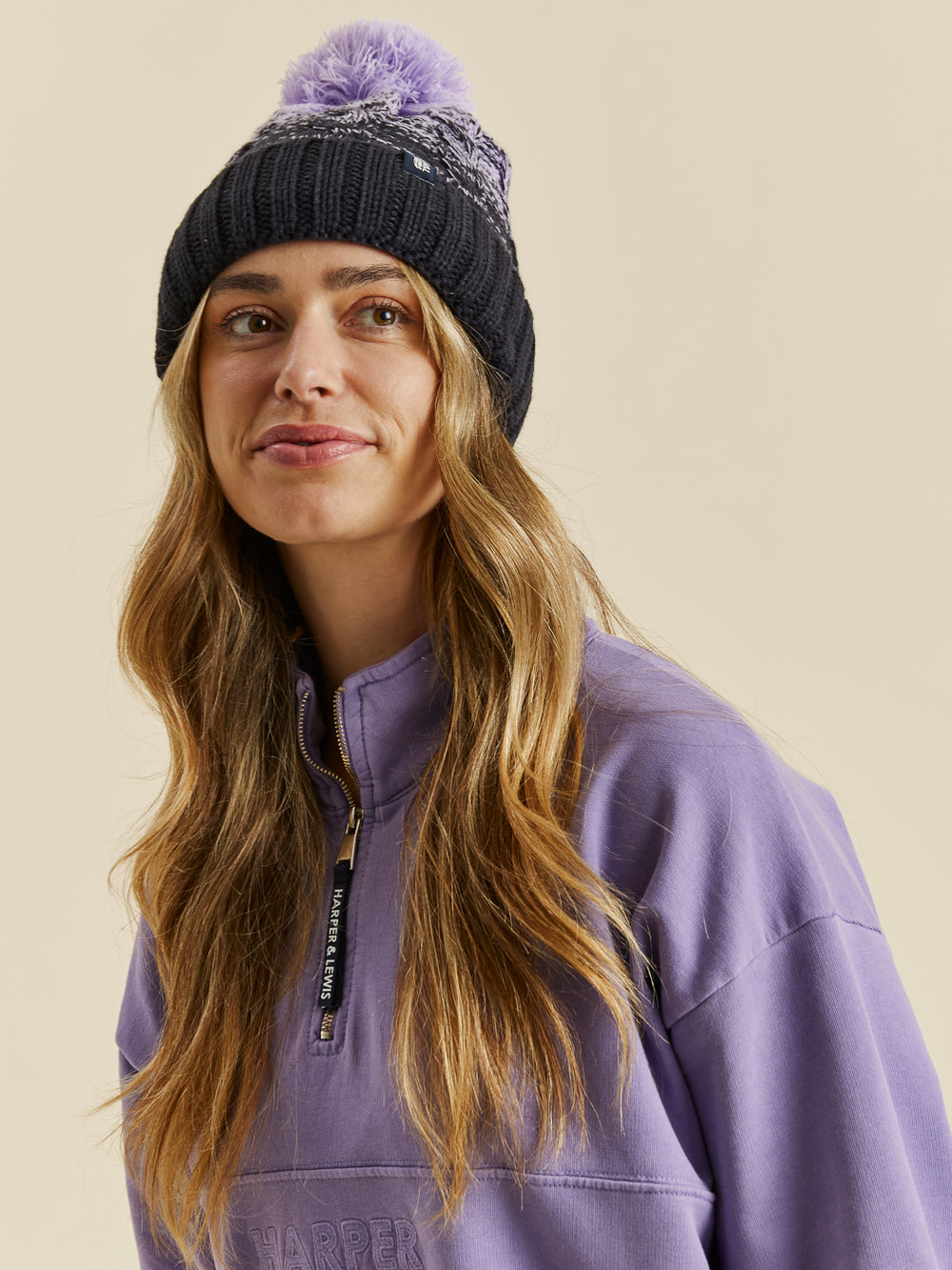 Thorens Pom Pom Beanie Lavender & Navy