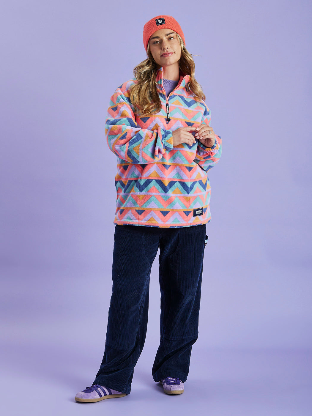 Raver Retro Patroon 1/4 Rits Fleece Koraal &amp; Airforce