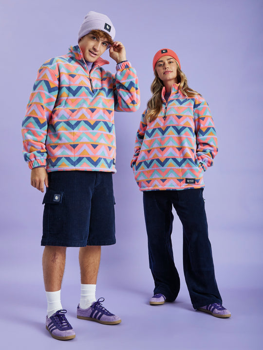 Raver Retro Pattern 1/4 Zip Fleece Coral & Airforce