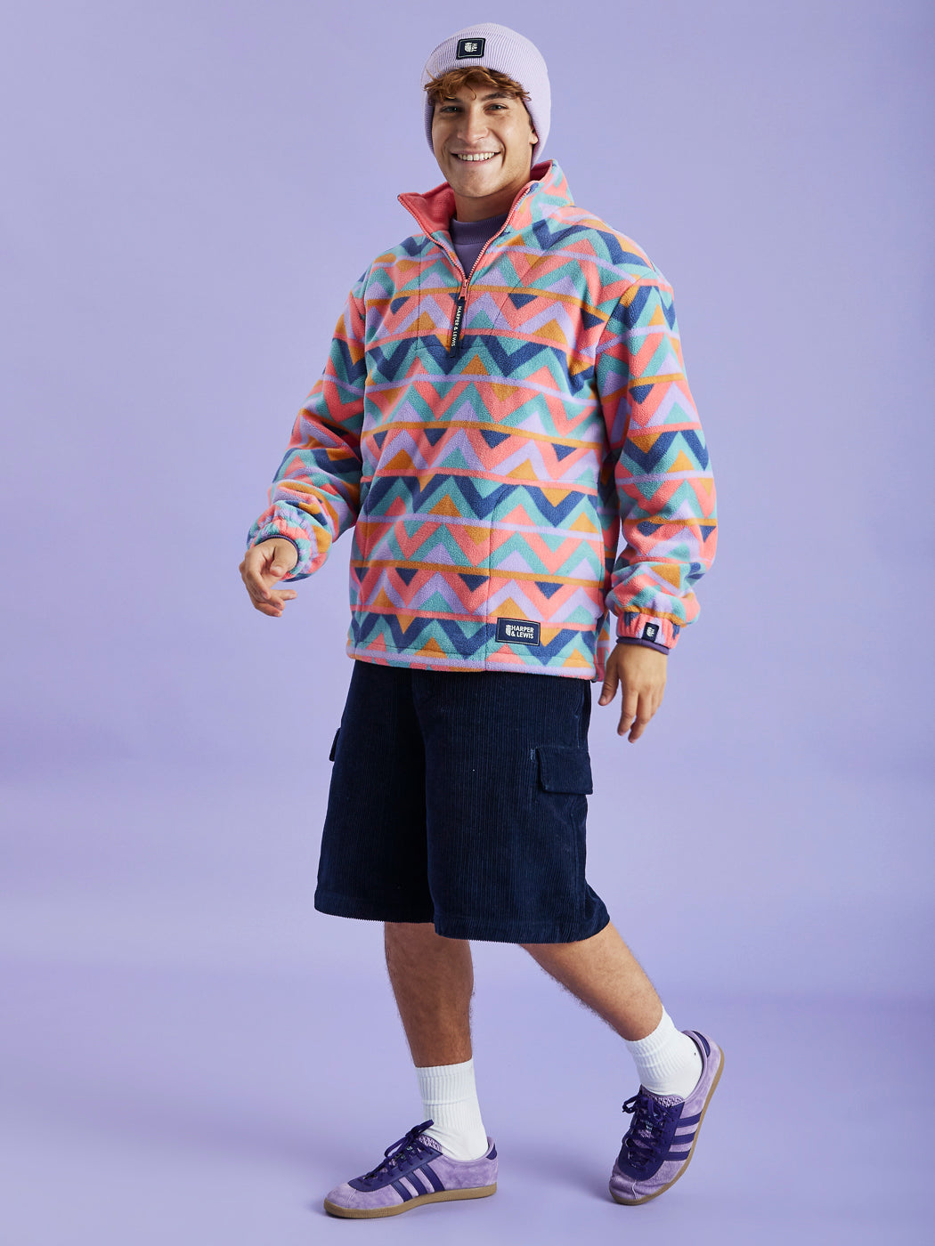 Raver Retro Patroon 1/4 Rits Fleece Koraal &amp; Airforce