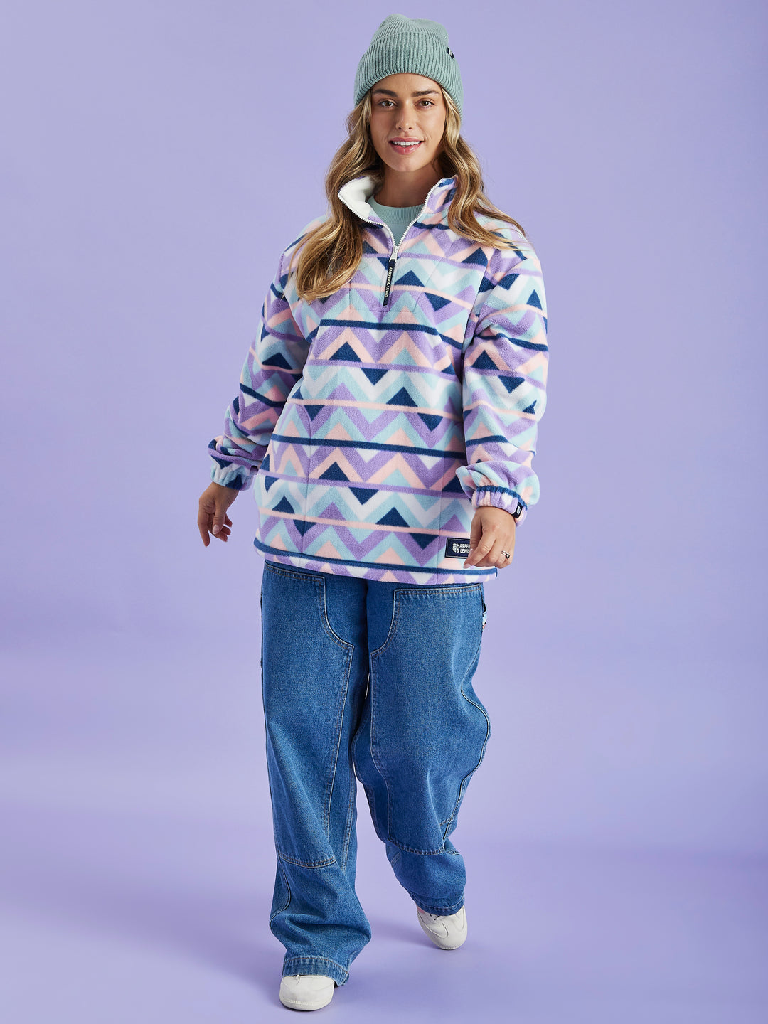 Fleece mit 1/4-Reißverschluss und Retro-Muster von Raver in Creme und Marineblau