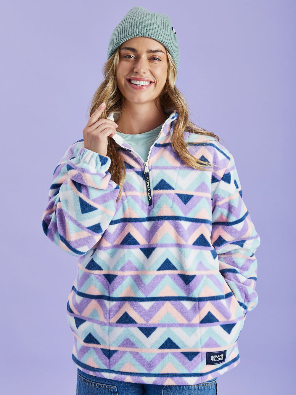 Raver Retro Pattern 1/4 Zip Fleece Cream & Navy