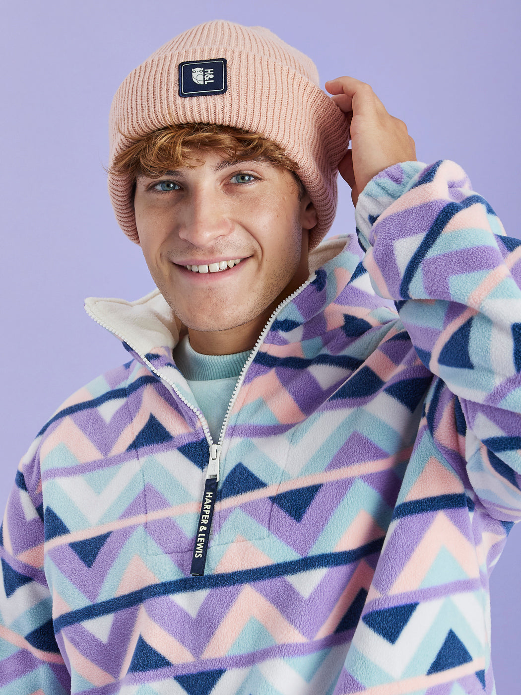 Raver Retro Patroon 1/4 Rits Fleece Crème &amp; Marineblauw