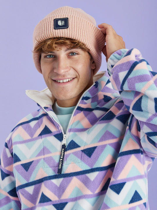 Raver Retro Patroon 1/4 Rits Fleece Crème &amp; Marineblauw