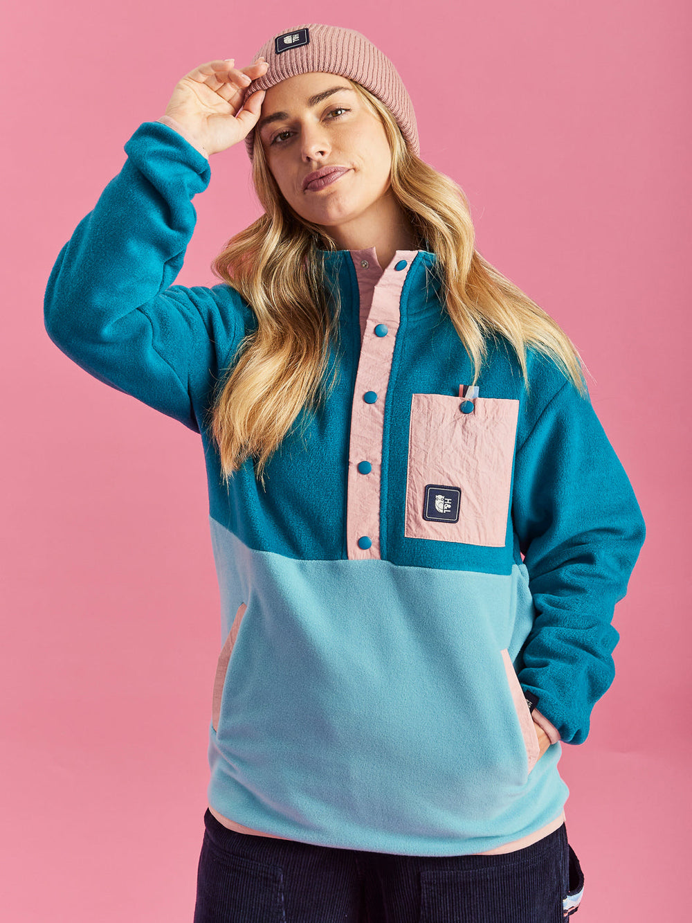 Cosy Teal Green, Steel Blue Fleece with Dusty Pink Woven Pocket and Placket at Front, perfect for colder months.
