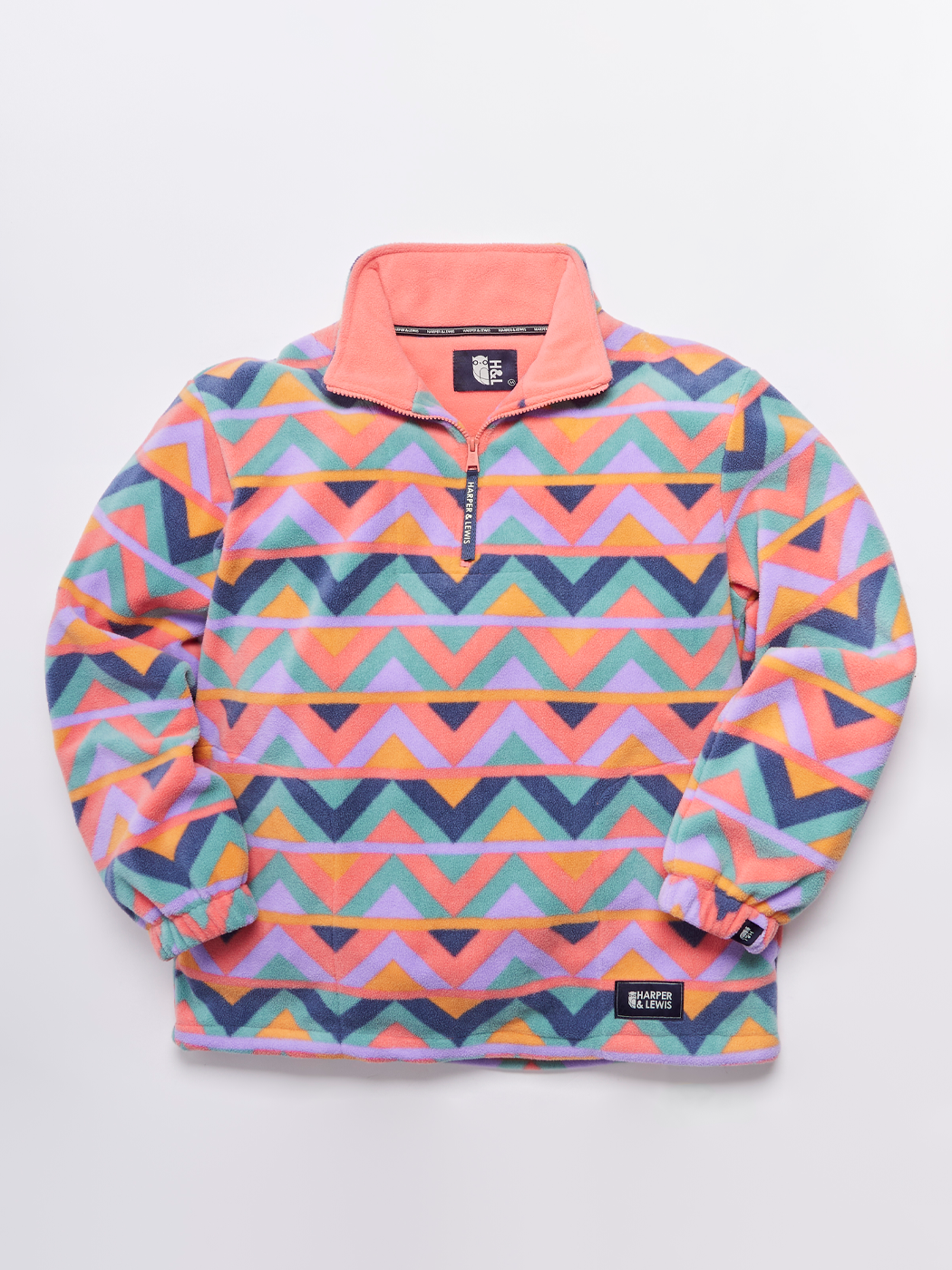 Raver Retro Patroon 1/4 Rits Fleece Koraal &amp; Airforce