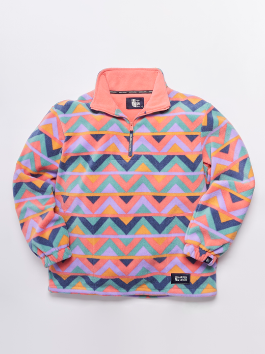 Raver Retro Patroon 1/4 Rits Fleece Koraal &amp; Airforce