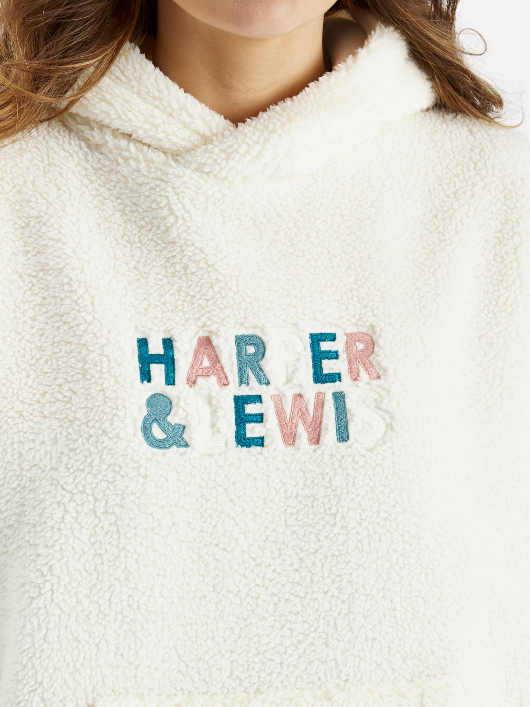 Sherpa unisex fleece with Spellout embroidery in Teal Green, Dusty Pink, Steel Blue & Cream.