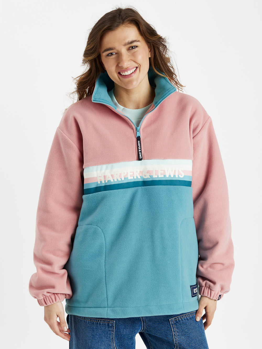 One Eighty 1/4 Zip Fleece Dusty Pink & Steel Blue