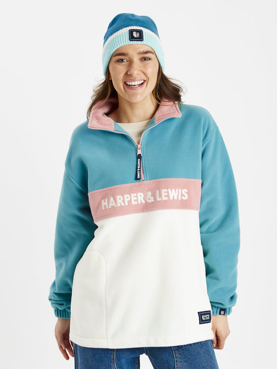 Mellow Fleece mit 1/4-Reißverschluss, Stahlblau und Creme