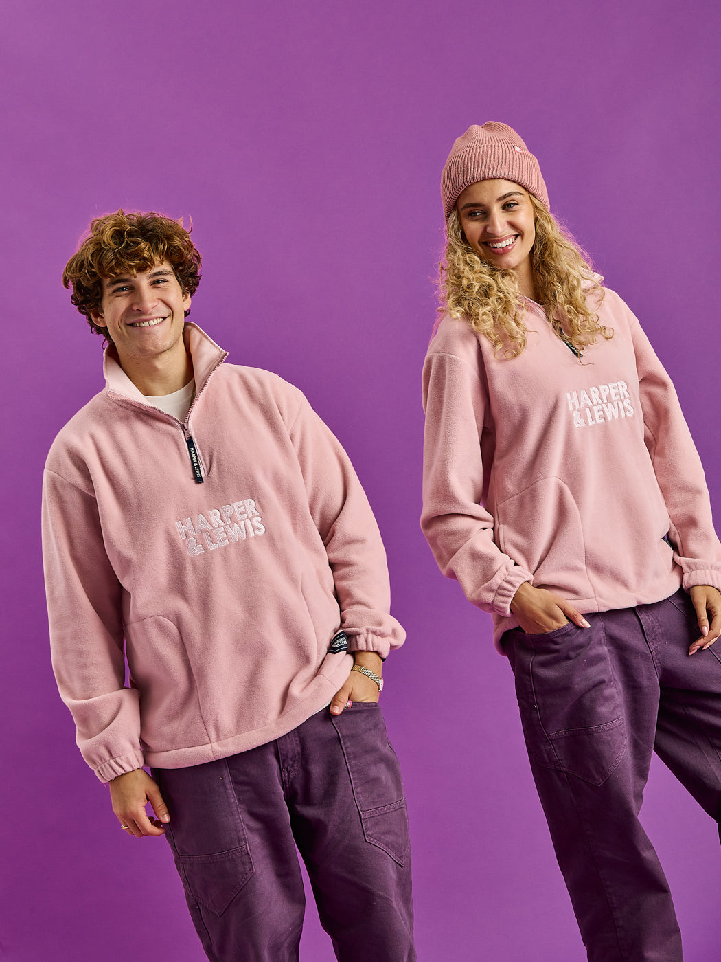 Two Models wearing the Elsa Fleece Jacket in Dusty Pink.