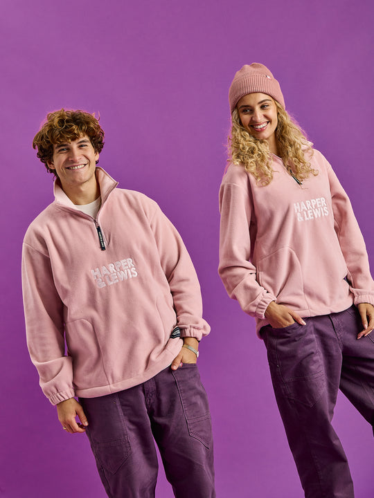 Two Models wearing the Elsa Fleece Jacket in Dusty Pink.