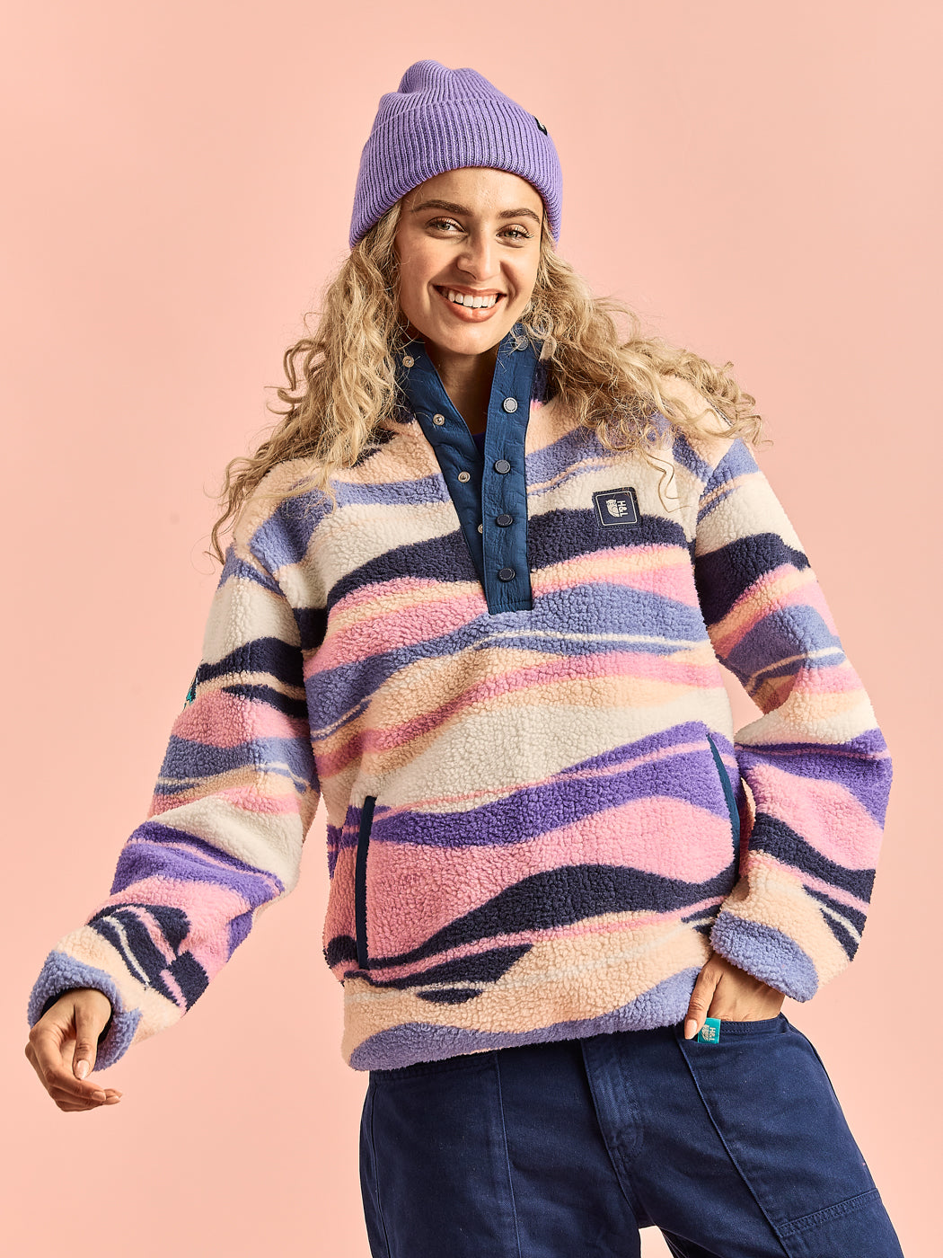 Charlie Retro Pattern Popper Neck Sherpa Fleece