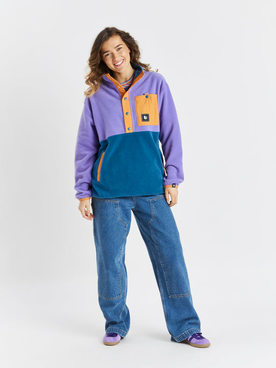 Aries Fleece mit Druckknopf am Hals Petrol & Dunkelviolett