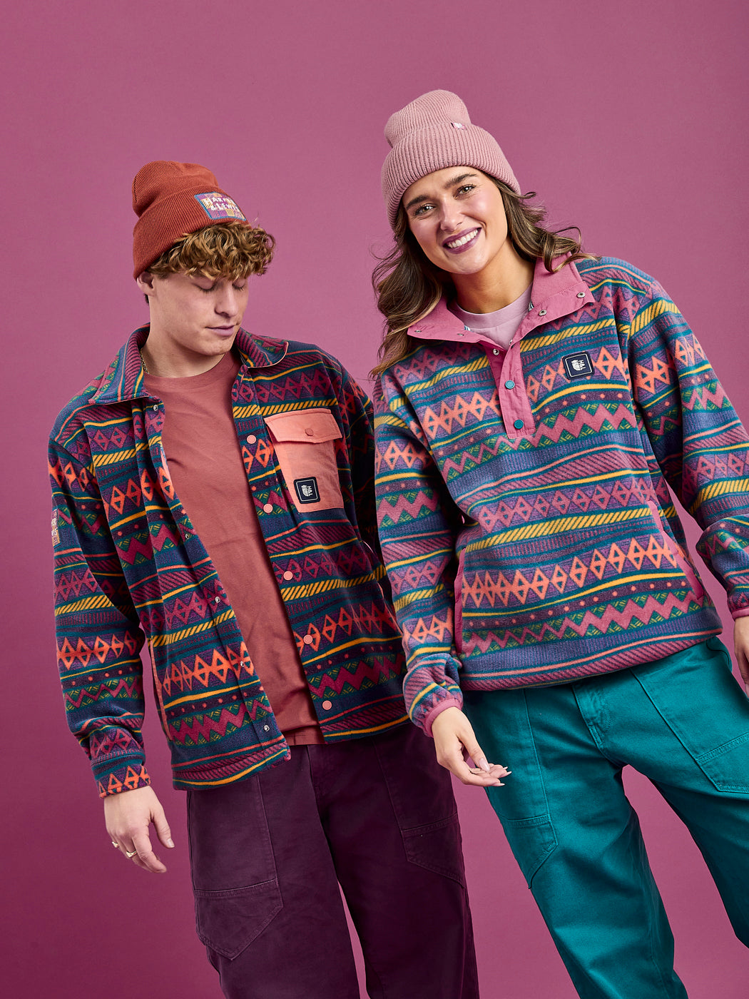 Female model wears the colourful fleece jacket which is made for outdoor adventure