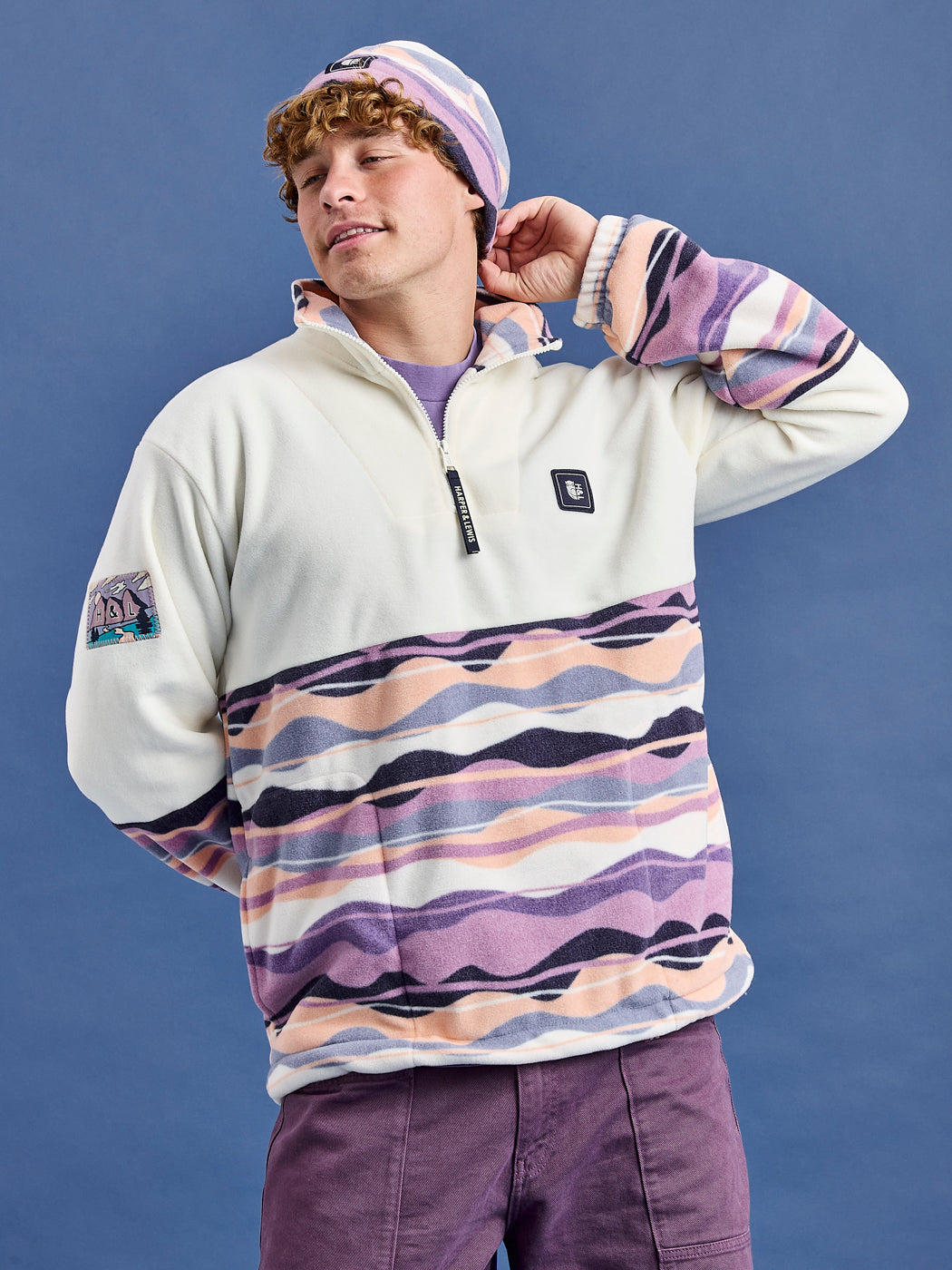 This updated style features a clean cream colour block across the top half, contrasted with our vibrant Mountain wave pattern on the lower half.