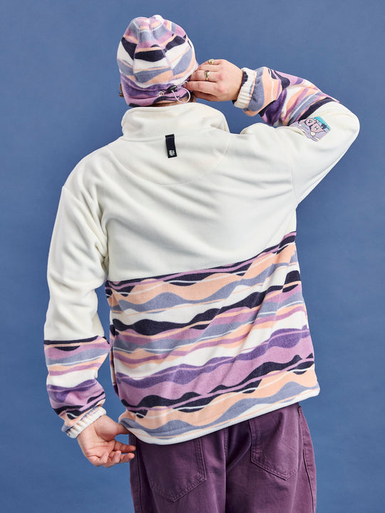 Back shot of the unisex fleece showing the contrasting Mountain Wave Print and cream upper.