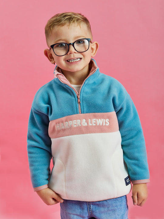 Kids Mellow 1/4 Zip Fleece Steel Blue & Cream