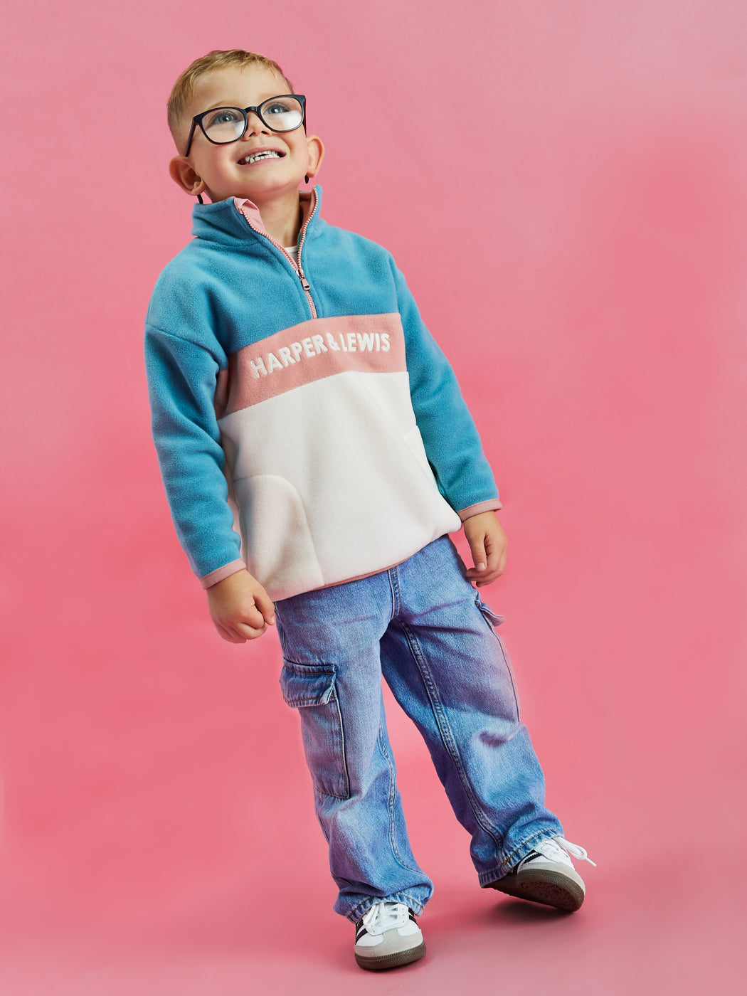 Kids Mellow 1/4 Zip Fleece Steel Blue & Cream